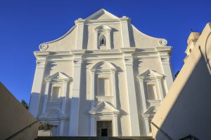 a picture of the 18th-century facade of Chiesa di San Giacomo Maggiore, in Orosei, east Sardinia, Italy.