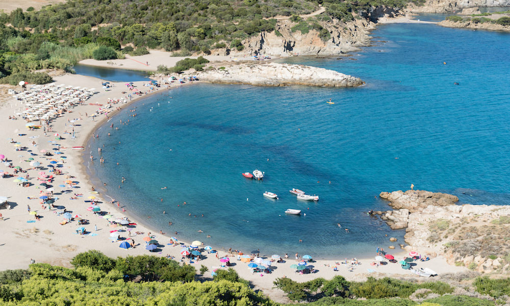 an aerial picture of su portu beach in cagliari south sardinia