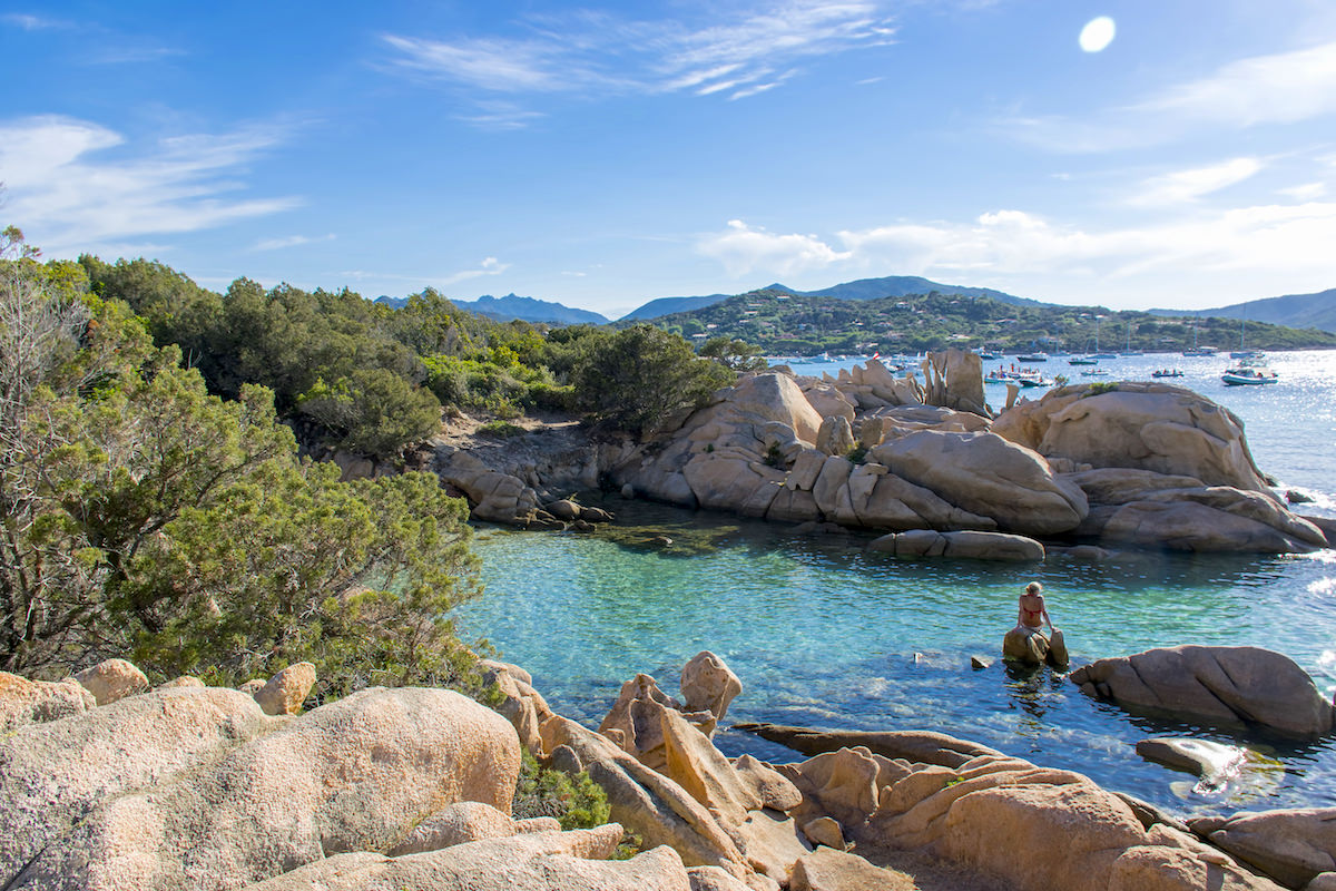 a picture of the rocks sheltering Spiaggia della Tartaruga, near Porto San Paolo, north-east Sardinia, Italy.
