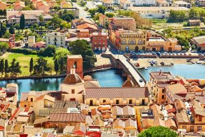 an aerial view in Bosa, a medieval village in west Sardinia, Italy.