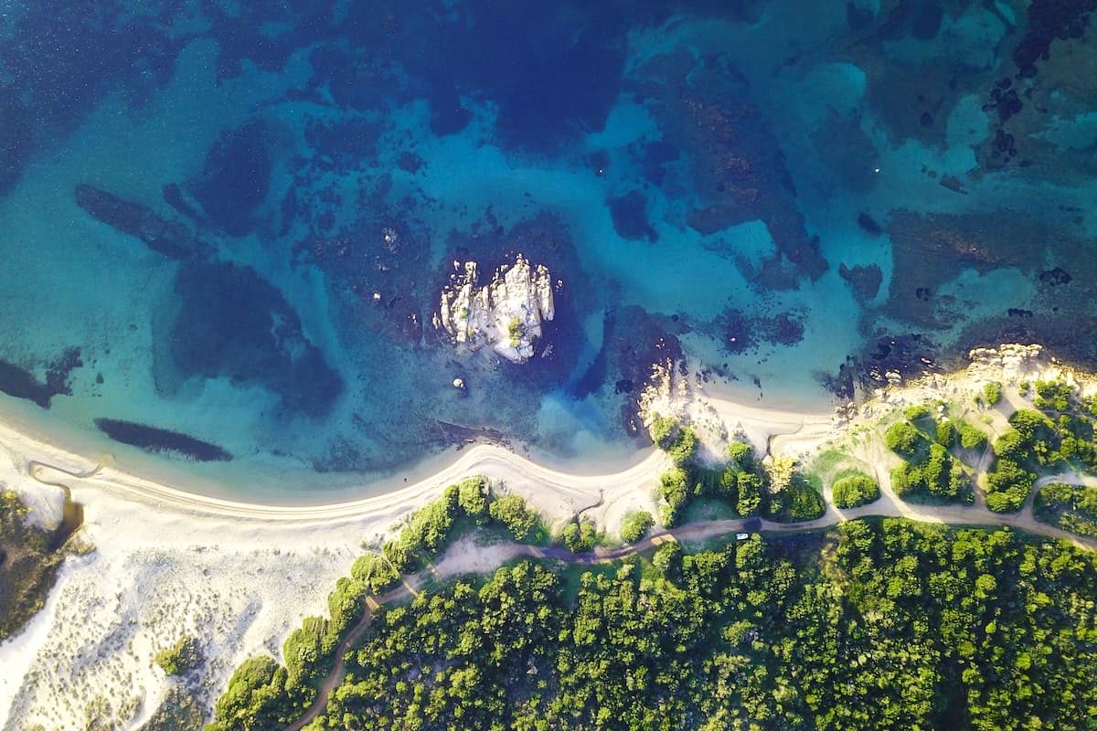 an aerial picture of the landscape of Cala Li Cuncheddi, near Porto Istana, Olbia-Tempio, north-east Sardinia.