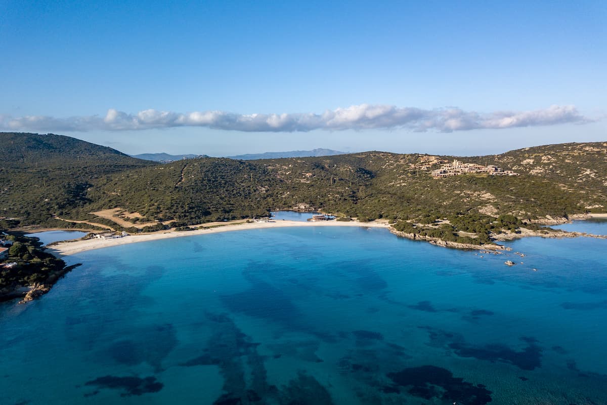 Spiaggia Cala Sassari seen from the air, close to Golfo Aranci, in north-east Sardinia, Italy.