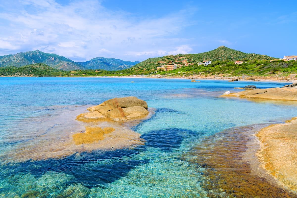 a sweeping view of Spiaggia di Campulongu in Villasimius south-east Sardinia Italy.