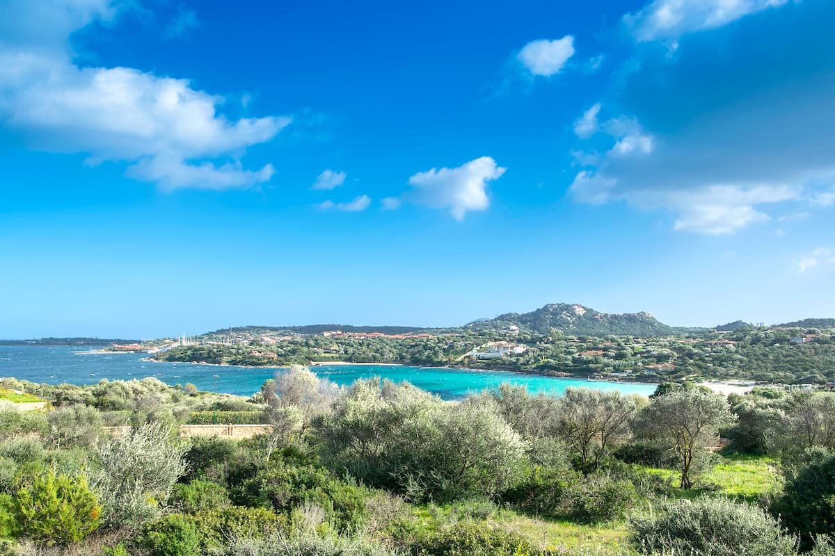 the beach named Spiaggia di Ira and its surroundings in Porto Rotondo, Emerald Coast, north-east Sardinia, Italy.