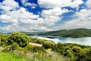 Lago di Liscia in north Sardinia, surrounded by surrounded by evergreen oaks, centuries-old wild olives and other trees
