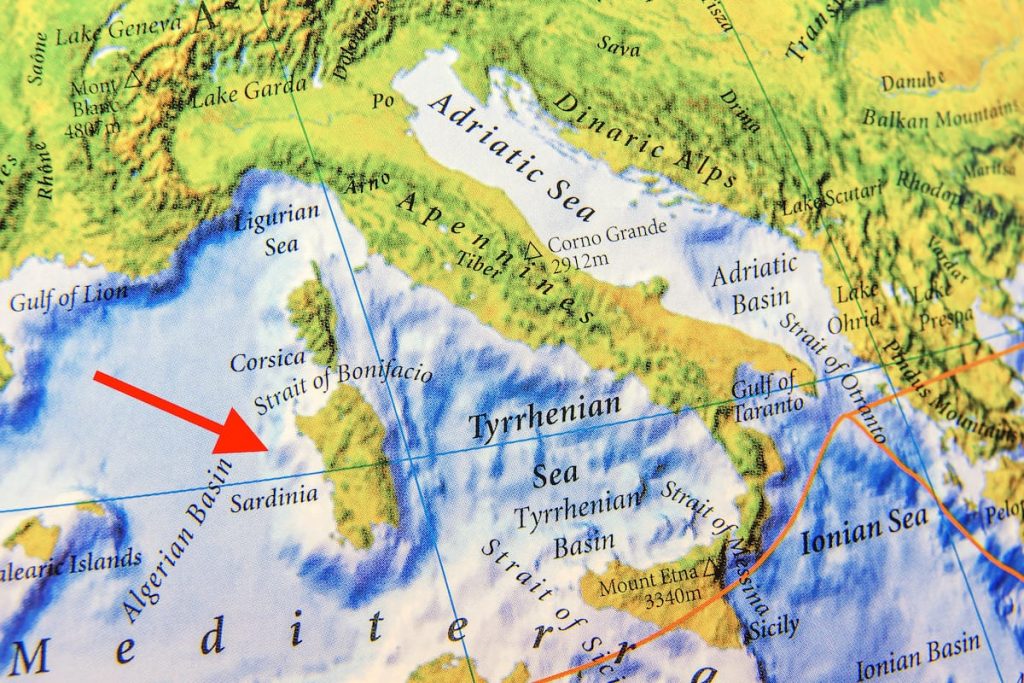 A partial map of southern Europe showing the location of Sardinia, Italy.