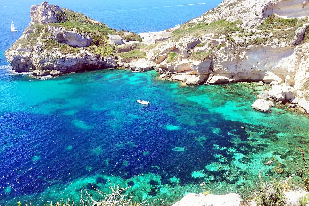 A view from the cliffs surrounding Spiaggia di Cala Fighera, in Cagliari, south Sardinia, Italy.