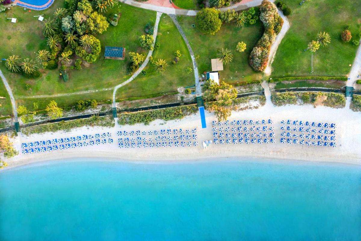 An aerial view of the beach section at the Baia di Conte Resort near Alghero, northwest Sardinia, Italy.