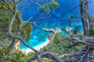 A view from above, Cala Biriola seen from the Sa Nurca scenic spot during a hike in Baunei, east Sardinia, Italy.