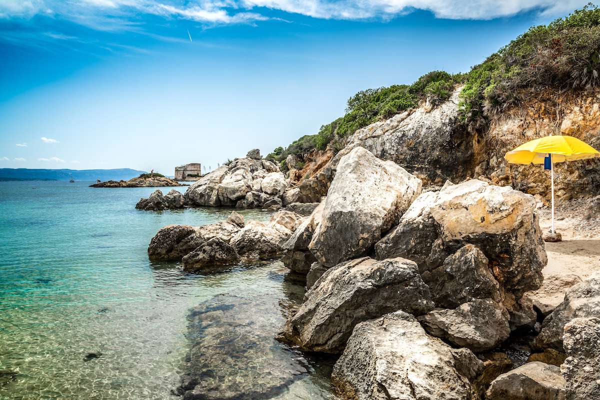 Rocks at Cala Gigliuppi, a hidden cove near Alghero, northwest Sardinia, Italy.