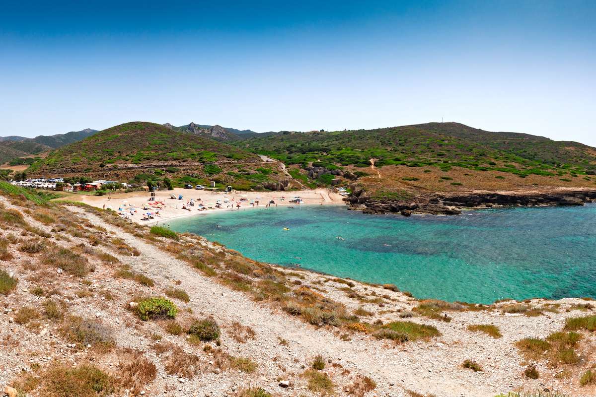 A view of the beach at Porto Palmas, a beach near Alghero, northwest Sardinia, Italy.