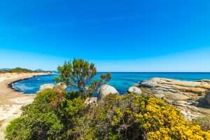 A summer's day view of the area surrounding Spiaggia Sant'Elmo in southeast Sardinia, Italy.