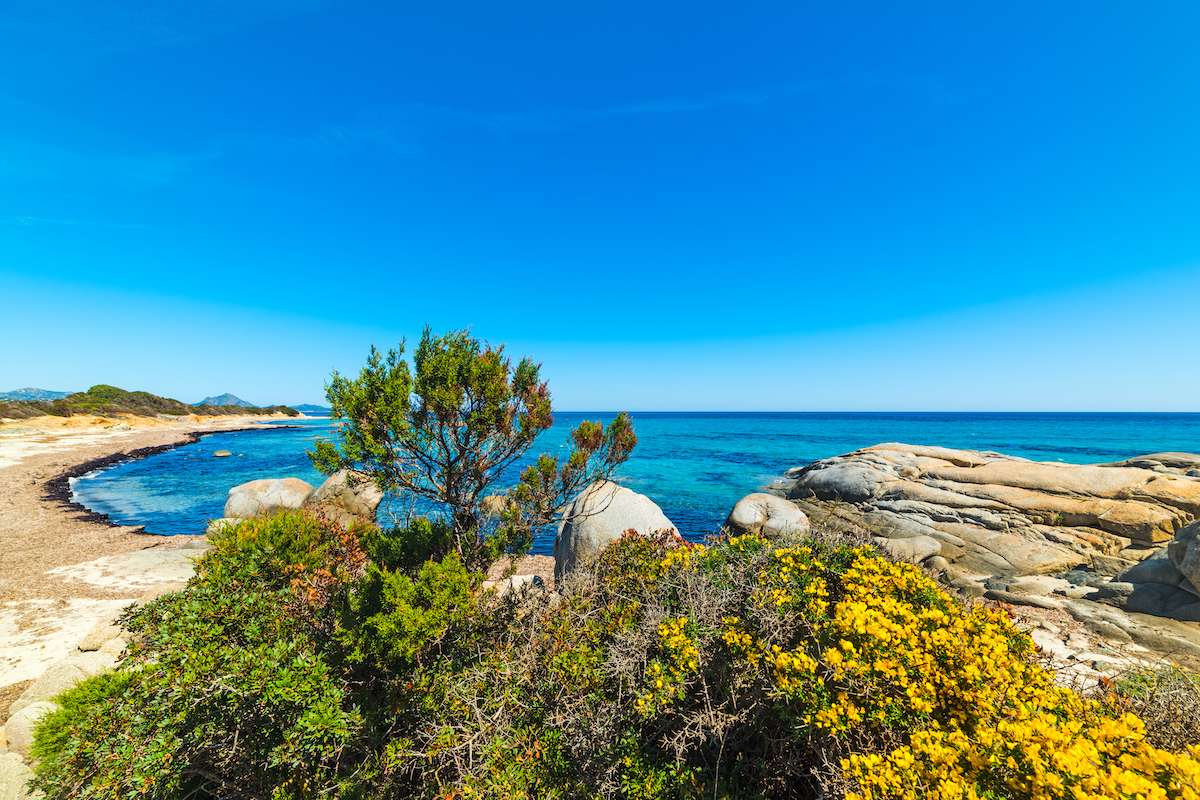 A summer's day view of the area surrounding Spiaggia Sant'Elmo in southeast Sardinia, Italy.